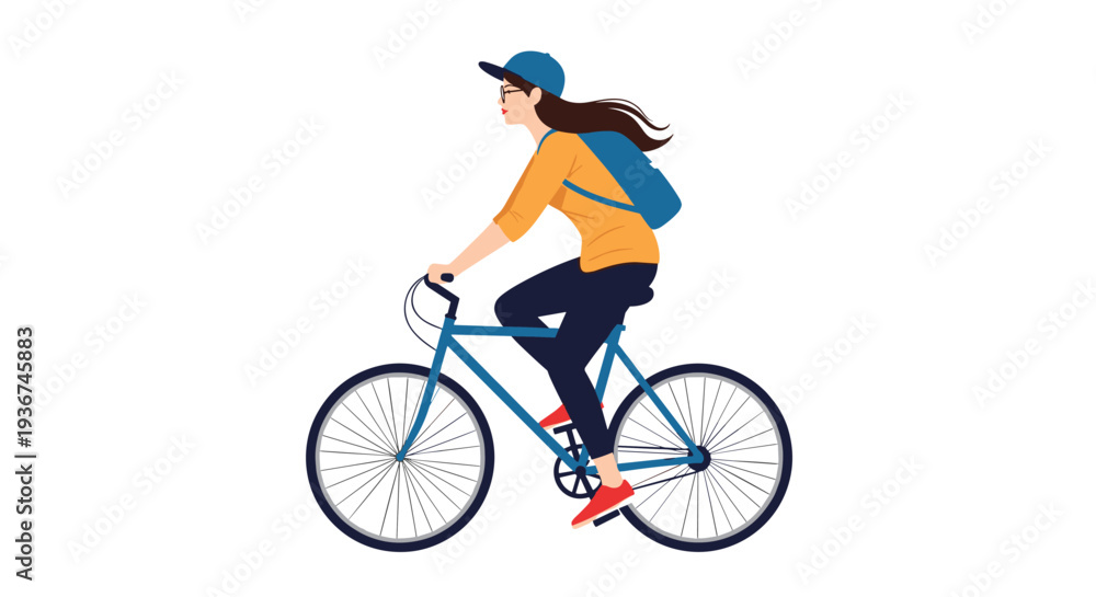Fototapeta premium Active woman with a blue backpack riding a bicycle on a clear day for exercise or commuting.