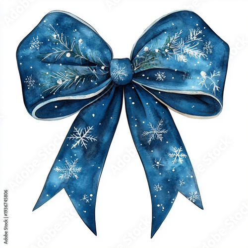 Simple watercolor illustration of a light blue bow decorated with snowflakes, isolated on a clean white background.