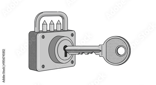 Silver padlock with a matching key inserted into the lock mechanism representing security and access.