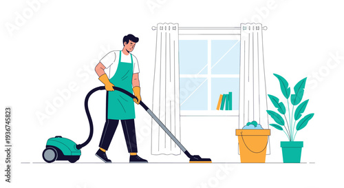Man in an apron cleaning a bright room with a vacuum cleaner near a window and a houseplant.