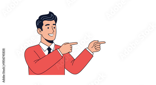 Cheerful man in a white shirt and red sweater pointing to the side with both hands and smiling.