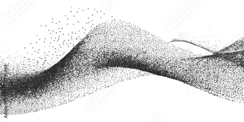 Abstract black and white stipple particle wave flowing background with halftone dot texture vector illustration