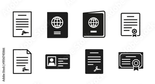 Set of Icons: Passport, Certificate, ID Card, Document - Official Paperwork and Travel Documents