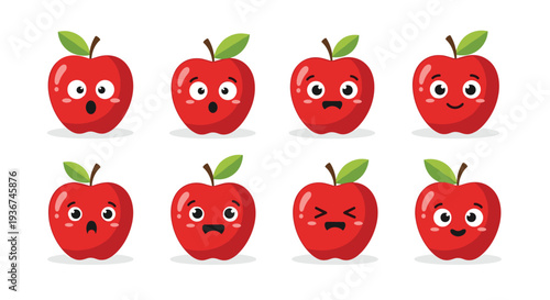 Collection of eight red apple characters displaying a wide range of cute and funny facial expressions.