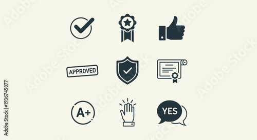 Set of Approval and Success Icons: Checkmark, Medal, Thumbs Up, Approved Stamp, Shield, Diploma, A+ Grade, Hand and Yes Speech Bubble