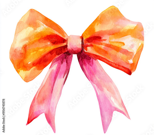Realistic watercolor illustration of an orange-red bow isolated on a clean white background. Soft hand-painted textures and delicate ribbon details create a bright decorative element
