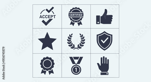 Set of 9 Approval, Quality, and Success Icons: Accept, Certified, Thumbs Up, Star, Laurel Wreath, Shield, Rosette, Medal, Hand