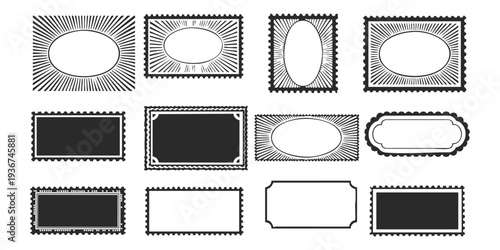 Vintage blank postage stamps set with perforated edges and retro frames for mail design vector illustration