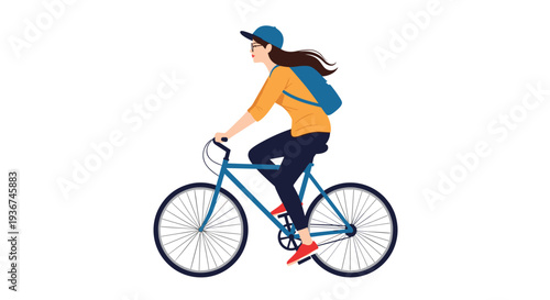 Active woman with a blue backpack riding a bicycle on a clear day for exercise or commuting.