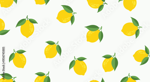 Seamless pattern of whole bright yellow lemons with fresh green leaves on a light neutral background.