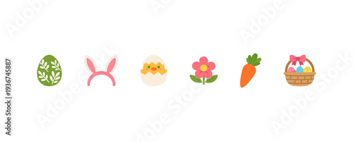 Cute Easter icons egg bunny chick flower carrot basket
