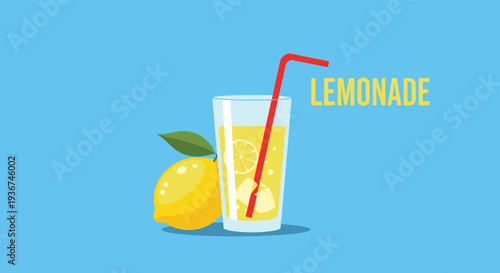Refreshing glass of cold lemonade with ice cubes and a red straw served with a whole lemon.