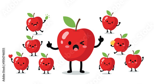 Set of cute and funny red apple fruit cartoon characters with various facial expressions and emotions for child education and health.