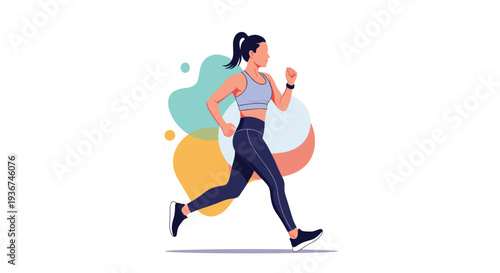 Young woman jogging and running for fitness and healthy lifestyle against a background of colorful abstract organic shapes and dots.