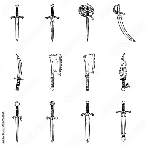 A black and white illustration showcasing a diverse collection of twelve unique sword designs arranged in three rows of four, featuring various historical and fantastical weapon styles.