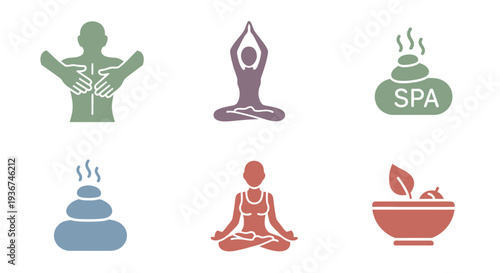 Spa and Yoga Icons: Massage, Meditation, Hot Stones, Wellness, Healthy Lifestyle