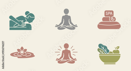 Wellness Icons: Spa, Yoga, Meditation, Healthy Food, Massage, Lotus Flower