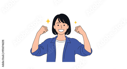 Confident and strong young woman showing her determination and celebrating success with raised fists and a bright smile for empowerment.
