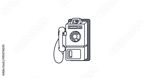 Vintage black and white illustration of an old public payphone mounted on a wall representing classic telecommunication technology.