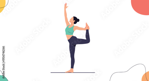 Athletic woman performing a difficult yoga balance pose to improve flexibility and mindfulness against a background with abstract dots.