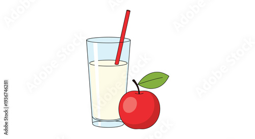 Healthy snack consisting of a glass of fresh milk with a straw and a ripe red apple for a balanced and nutritious daily diet.