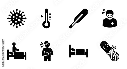 Illness Symptoms Icons: Virus, Fever, Sickness, Injury, Bed Rest, Medical Care