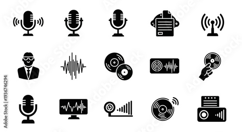 Podcast Icons: Microphones, Sound Waves, Vinyl Records, Radio Transmitter, Audio Equipment