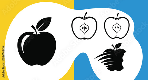 Collection of apple fruit silhouettes and cross section icons representing health and nutrition for food branding and logo design.