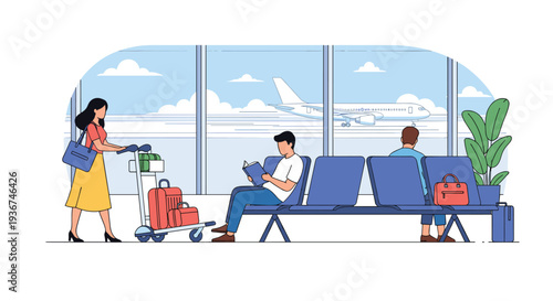 People waiting at the airport lounge with their luggage while watching an airplane on the runway through a large glass window.