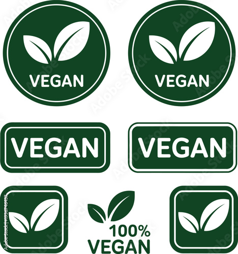 Collection of vegan labels and logos on white background