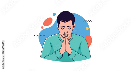 Young man with his hands together in a prayer or hoping gesture expressing faith and deep emotion on an abstract blue background.