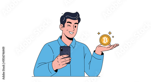 Smiling young man holding a smartphone and a gold bitcoin coin representing success in cryptocurrency trading and digital finance.