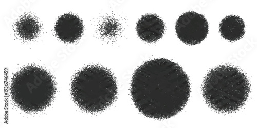 Set of black grunge stipple dot textures and halftone brush circles on white background vector illustration