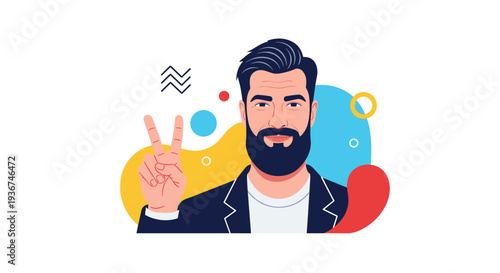 Stylish bearded man in a blazer showing the peace sign or victory gesture against a colorful abstract geometric background.