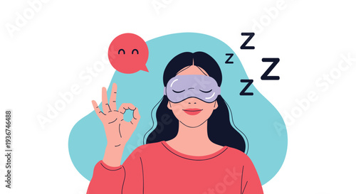 Relaxed young woman wearing a sleep mask and showing an okay gesture representing deep and healthy sleep for mental wellness.