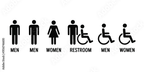Simple black and white bathroom signs for men, women, and disabled individuals displayed together