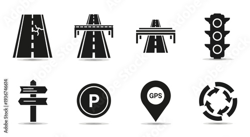 Road Traffic Icons Set: Highway, Traffic Light, GPS, Parking, Direction Sign, Road Repair