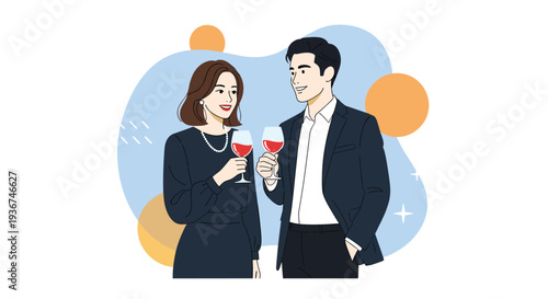 Elegant couple in formal attire enjoying a glass of red wine during a romantic date or social celebration in a luxury setting.