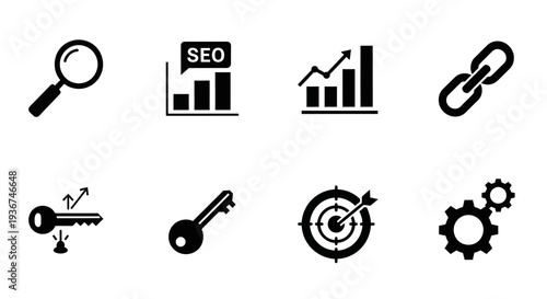 SEO and Digital Marketing Icons Set: Search, Growth, Link Building, Keywords, Target, Gears