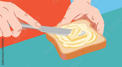 Close up of hands spreading creamy butter on a slice of fresh toasted bread for a delicious and simple breakfast or snack.