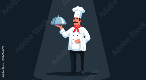 Professional male chef with a mustache wearing a white uniform and hat presenting a silver platter under a spotlight.
