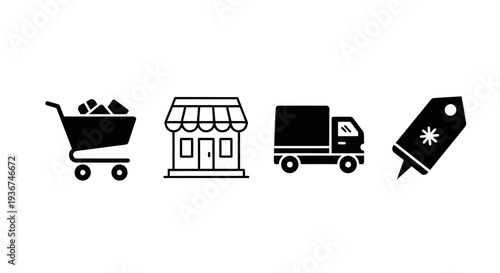 E-commerce Icons: Shopping Cart, Store, Delivery Truck, and Price Tag