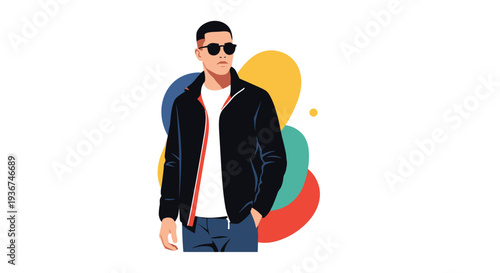 Stylish young man wearing sunglasses and black jacket stands confidently against abstract colorful shapes on white background.