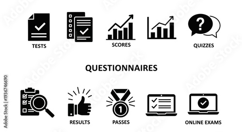 Collection of icons for tests, quizzes, scores, results, and online exams