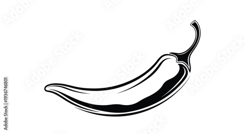 Minimalist black and white hand drawn illustration of single hot chili pepper showcases sleek curves and organic spice theme on white.