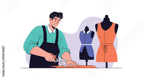 Professional tailor works diligently at workshop table cutting orange fabric with scissors near fashion mannequins wearing stylish dresses.
