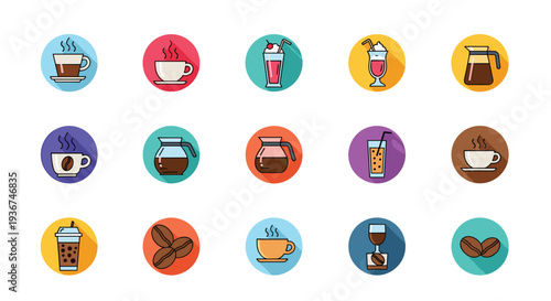 Collection of colorful circular icons features various coffee drinks including espresso lattes iced beverages and roasted beans in flat style.