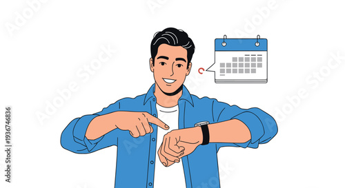 Punctual young man points to his wrist watch while floating calendar icon reminds him of important upcoming deadlines or appointments.