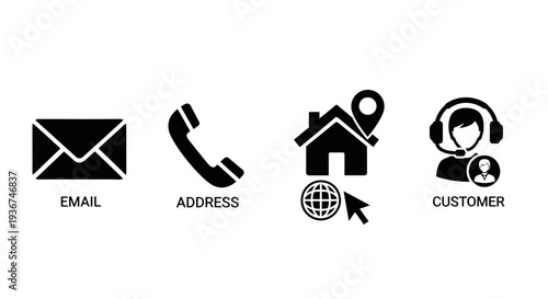 Contact Icons: Email, Phone, Address, Customer Support - Black and White Icons