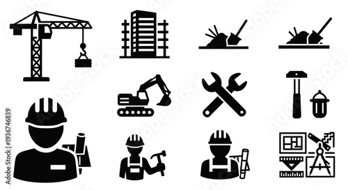 Construction Icons Set: Crane, Building, Excavator, Tools, Worker, Blueprint